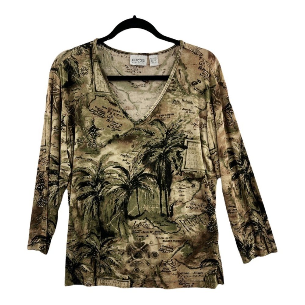 Chicos Travelers Womens T-Shirt Green Palm Trees Map Long Sleeve Stretch L/12 2